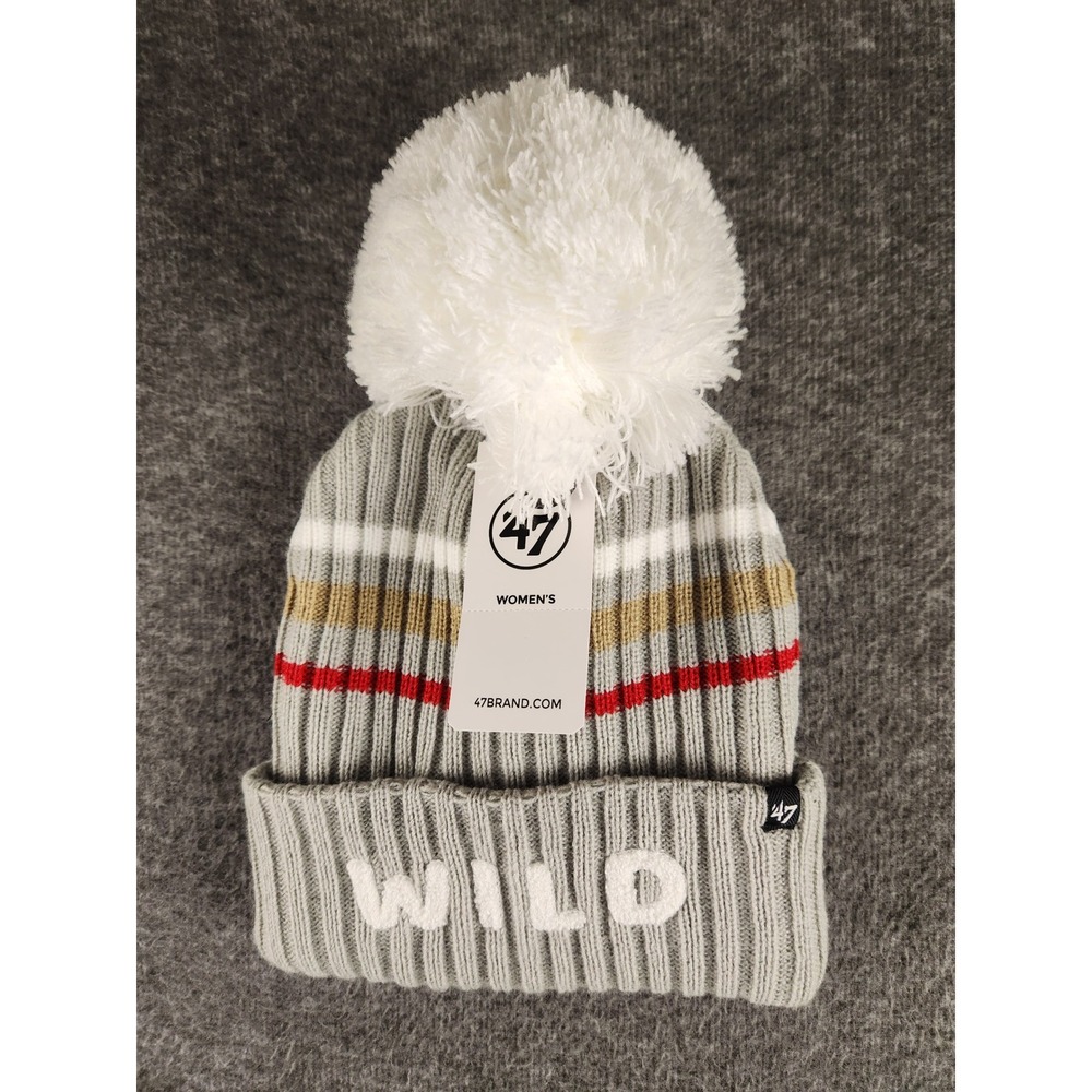 47 Minnesota Wild Women's Fuzzy Script Cuff Knit Beanie Gray Pom NWT